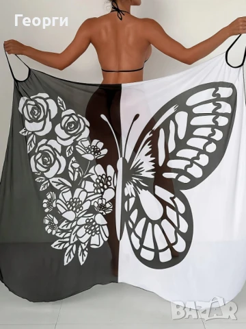 Парео с десен пеперуда в люляк/черно и бяло/черно, снимка 4 - Рокли - 50560594