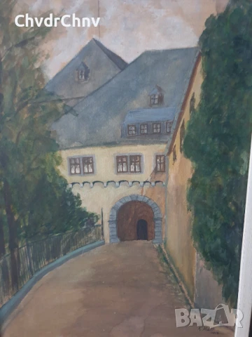 Чифт стари малки картини акварел върху картон/замъци/1912/картина в дървена рамка 41х31см, снимка 2 - Картини - 51192322