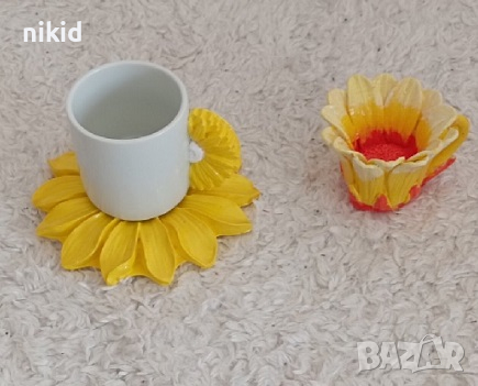 3d сет сервиз чаша и чиния слънчоглед силиконов молд калъп форма фондан гипс смола декор украса, снимка 4 - Форми - 44659721