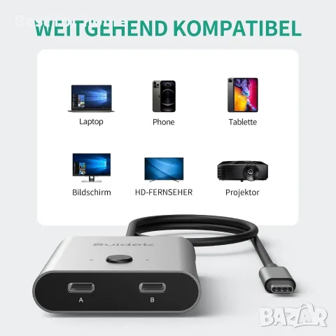 SUIDEK USB-C превключвател, двупосочен USB-C превключвател с поддръжка на 8K@60Hz видео, снимка 7 - Кабели и адаптери - 55875996