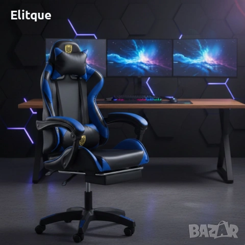 Геймърски стол с поставка за крака - подходящ за деца и тинейджъри- черно-син