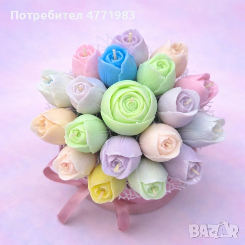 "Пастелни лалета" – Ароматен соев букет, снимка 2 - Декорация за дома - 53918537