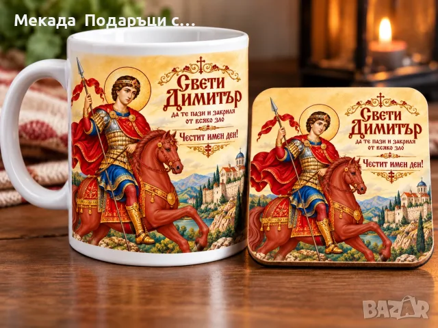 Подаръчен комплект за Димитровден – чаша и подложка  