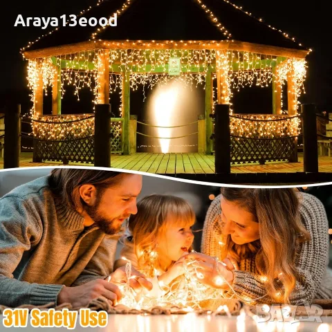 LED завеса „Висулки“ 10 м с 400 топло бели LED светлини, 8 режима и таймер, IP44, снимка 5 - Външни лампи - 55897679
