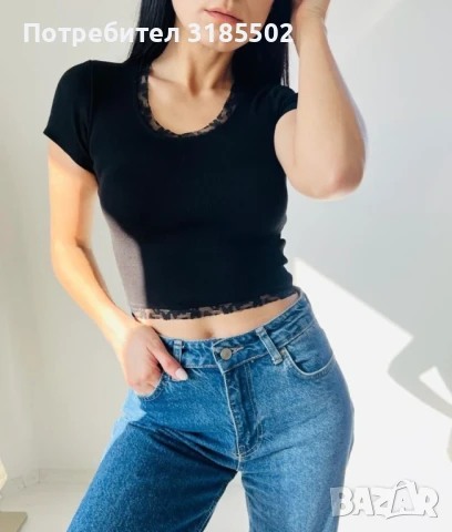 Къса дамска секси тениска с дантела на ръкавите / Цвят: бял, черен / Размер: С, М, Л, снимка 4 - Тениски - 51194940