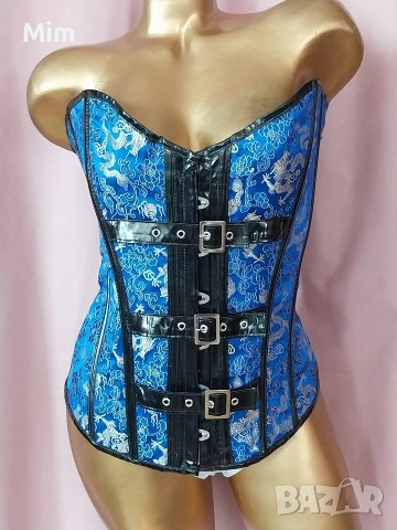XL Син сатенен корсет с кожа / лак /, снимка 2 - Корсети, бюстиета, топове - 53897882