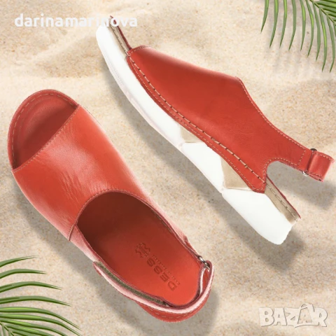 Нови размер 39 произведени в България женски 100% естествена кожа равни червени сандали, снимка 2 - Сандали - 37003525