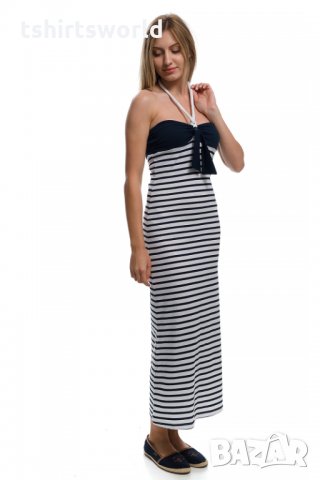 Нова дамска лятна дълга моряшка рокля на тъмносиньо и бяло райе, снимка 5 - Рокли - 28375569