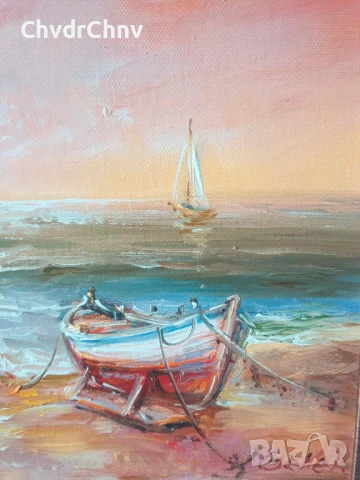 Димитър Генев 33x27см/малка българска картина масло върху платно/морски пейзаж/рибарски лодки-фар, снимка 5 - Картини - 51153061