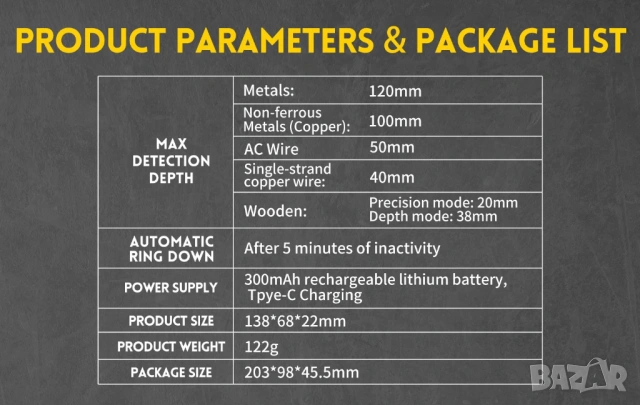 FNIRSI WD-01 детектор за стени / скенер за кабели, метал и дърво, снимка 18 - Други инструменти - 54003806