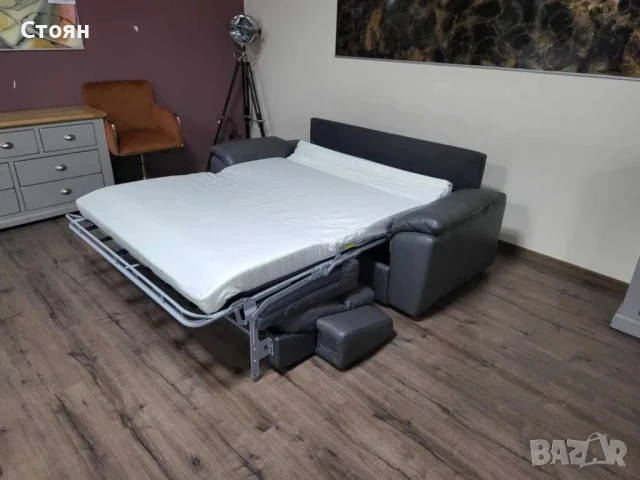 Сив кожен диван тройка с функция сън, снимка 7 - Дивани и мека мебел - 50887109