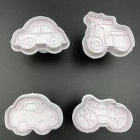 4 бр Кола Автомобил Тротинетка колело пластмасови форми резци с бутало за сладки фондан бисквитки, снимка 3 - Форми - 31969907