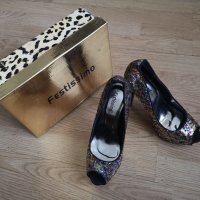 НОВИ Festissimo луксозни обувки със златни пайети на висок ток, Размер 39, снимка 11 - Дамски обувки на ток - 31449641