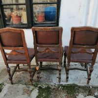 Ретро дървени столове с дърворезба и кожена седалка и облегалка , снимка 3 - Столове - 44684909