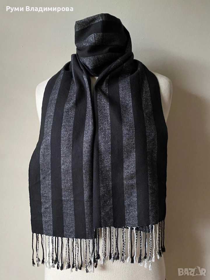 Мъжки, черен шал  на райета от 100 % коприна, снимка 1