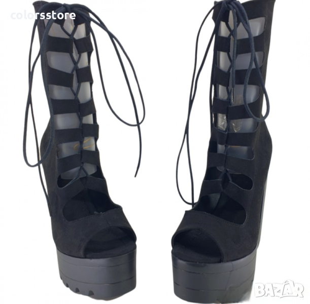 Летни боти на ток - черен велур - 101, снимка 1