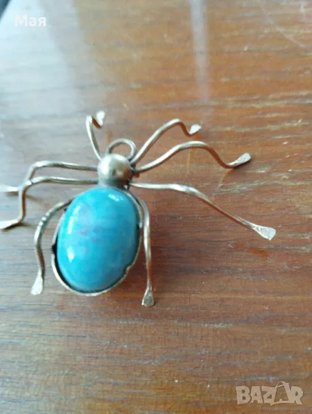 Индианска винтидж брошка с насекомо паяк с игла от стерлингов тюркоаз от Navajo , снимка 1