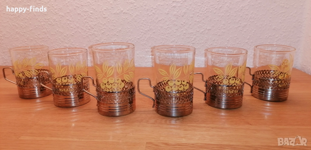 Оригинални руски винтидж чаши за чай с подстакнници, комплект 6 бр., снимка 1