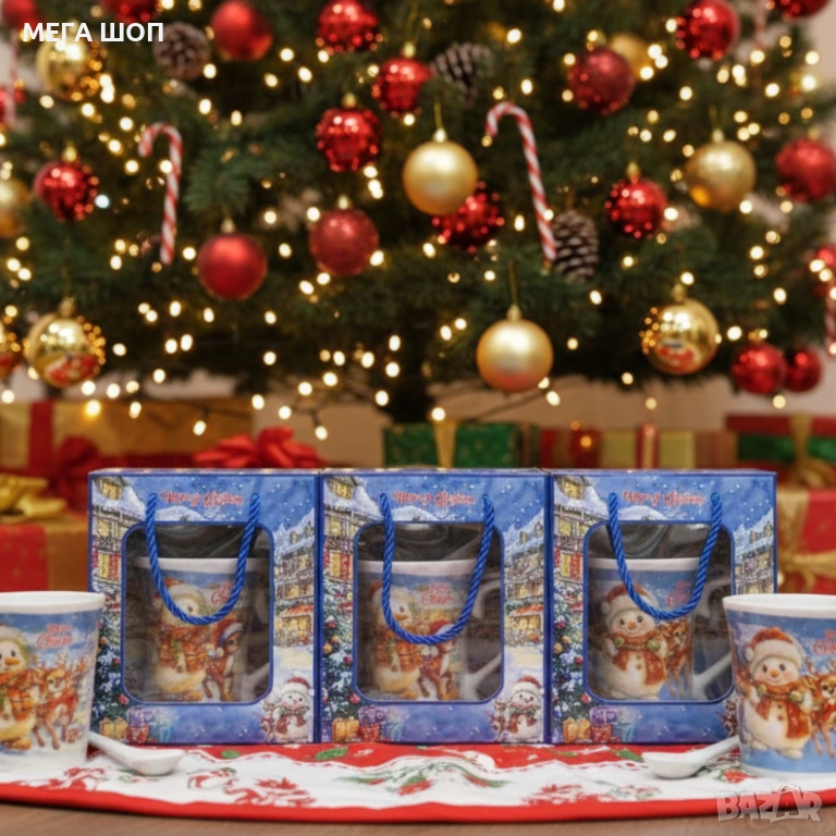 Празничен комплект за топли напитки – Керамична чаша и лъжичка в коледна опаковка, снимка 1