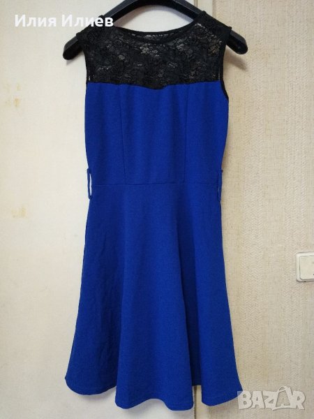 Елегантна синя рокля с черна дантела , снимка 1
