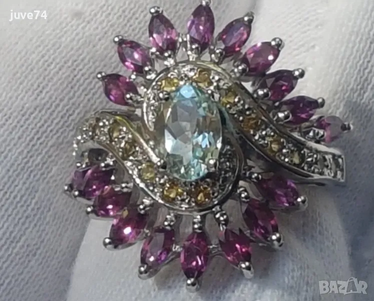 СРЕБЪРЕН ПРЪСТЕН С АКВАМАРИН,ЖЪЛТ САПФИР И РОДОЛИТ, снимка 1