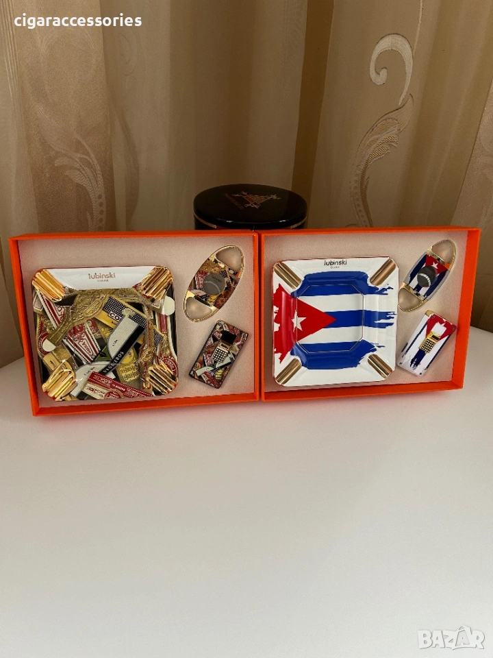 Луксозен подаръчен комплект за пури – пепелник, запалка и резачка, снимка 1
