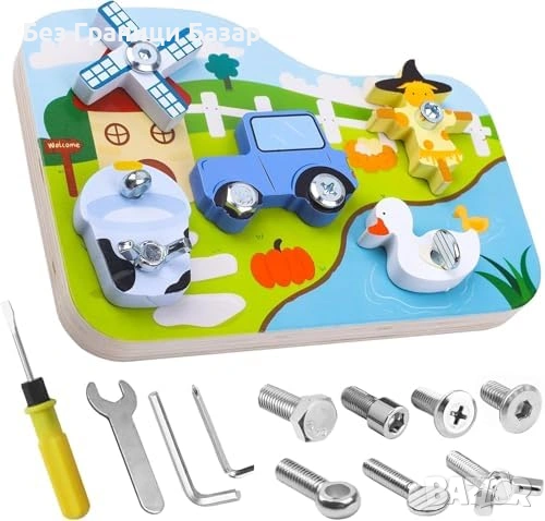 Нова Монтесори дървена играчка ферма с винтове и инструменти 3+ деца игра