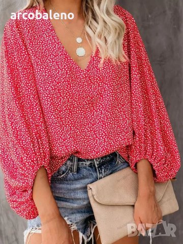 Дамска ежедневна риза с щампован фенерски ръкав с V-образно деколте, 9цвята , снимка 4 - Ризи - 42039048