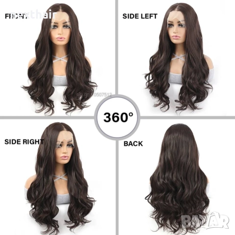 13×4 дантелена перука - 75 см едри вълни, тъмно кафява, премиум синтетика, снимка 3 - Аксесоари за коса - 52567439