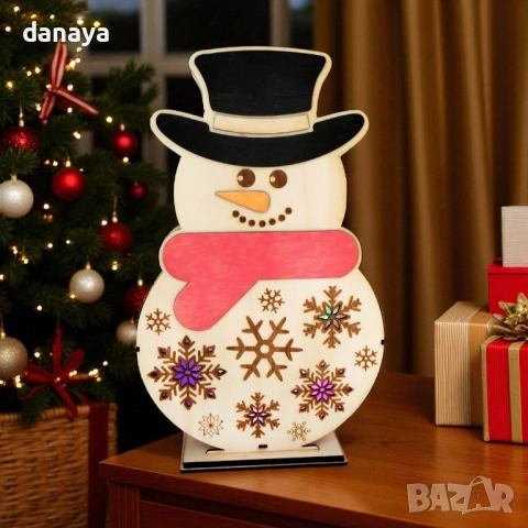 6097 Голям светещ снежен човек MDF коледна украса с LED многоцветни светлини, снимка 2 - Декорация за дома - 51466137