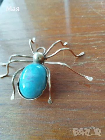 Индианска винтидж брошка с насекомо паяк с игла от стерлингов тюркоаз от Navajo 
