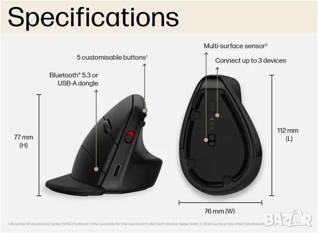 Нова безжична мишка HP 925 Ergonomic Vertical Mouse / Bluetooth / Multi-Device, снимка 6 - Клавиатури и мишки - 55821479