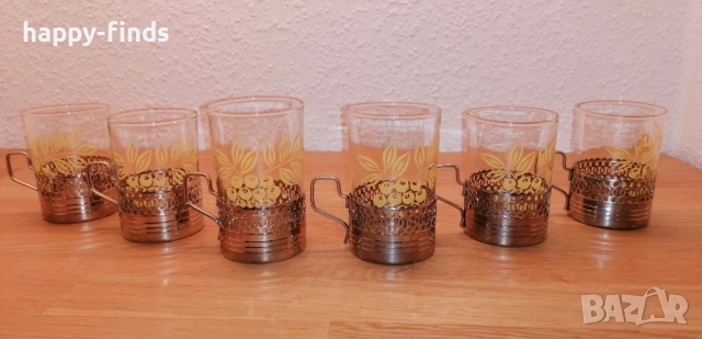 Оригинални руски винтидж чаши за чай с подстакнници, комплект 6 бр.