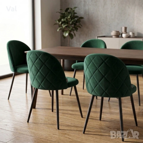 Дизайнерски зелен стол FARO – тапициран, стабилен и удобен, снимка 8 - Столове - 53976995
