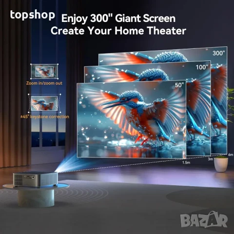 НОВ, ТЕСТВАН, ПЕРФЕКТЕН 4k проектор HYTOBP Y3 с WiFi 6 и Bluetooth 5.2, 800 ANSI Native 1080P..., снимка 6 - Плейъри, домашно кино, прожектори - 50555954