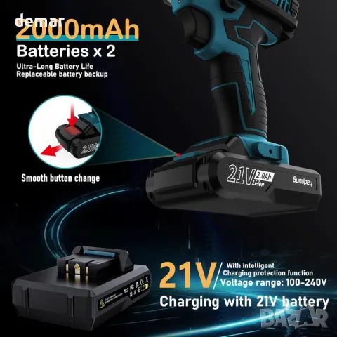 Sundpey 21V Електрическа бормашина Винтоверт с 2 батерии 2,0 Ah, LED светлина и нивелир, 2 скорости, снимка 5 - Винтоверти - 47524255