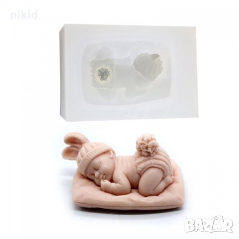3D бебе с плетени заешки уши шапчица и гащички опашле на възглавница силиконов молд фондан гипс, снимка 6 - Форми - 18545629