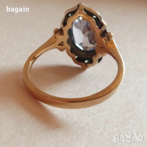 Сребърен пръстен с аквамарин и позлата., снимка 4 - Пръстени - 53138151