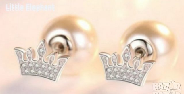 Sale Сребърни обеци коронки с кристали и перли,white/нови, снимка 1