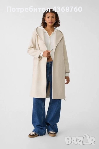 Бежово палто с качулка и колан, снимка 3 - Палта, манта - 51707779