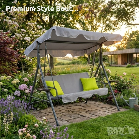 Градинска люлка A-Type със зелени възглавници и поставки за напитки - елегантност и комфорт, снимка 4 - Други стоки за дома - 53887178