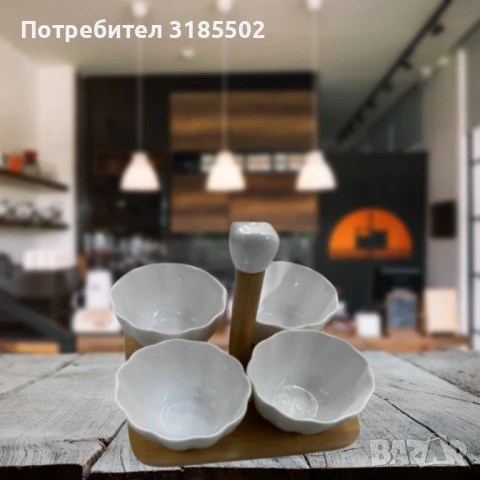 Елегантен комплект от 4 керамични купички с дървена стойка, снимка 2 - Прибори за хранене, готвене и сервиране - 51421846