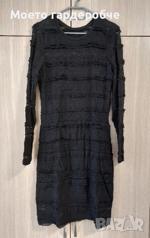 Дамска черна дантелена рокля с дълъг ръкав