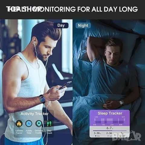 Нов Смарт часовник 1,85-инчов HD сензорен екран+2 каишки за iOS/Android Мъже Жени, снимка 6 - Смарт гривни - 49657612