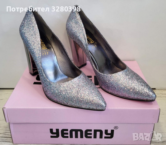 Дамски обувки на стабилен квадратен ток в сребрист цвят, снимка 3 - Дамски обувки на ток - 36516294