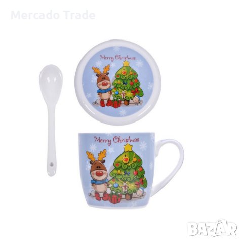 Комплект коледна чаша Mercado Trade, С капак и лъжица, Весела коледа, 350мл.