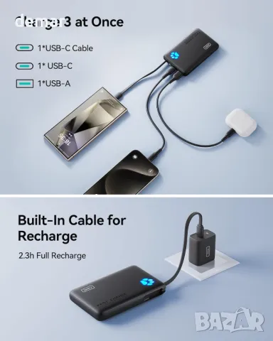 Преносимо зарядно устройство INIU, 10000 mAh Power Bank с вграден USB-C кабел, 20 W, снимка 6 - Външни батерии - 47419432
