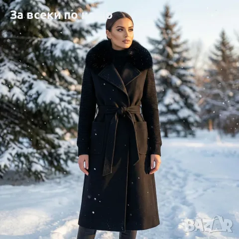 Елегантно Черно Дълго Палто С Коленен Колан Пухена Яка И Плетени Ръкави Код Roni-16