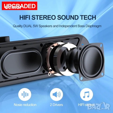 LENRUE 10W стерео компютърен саундбар с цветни светлини, 1,2 метра кабел, (черен-Aux), снимка 2 - Други - 54226868