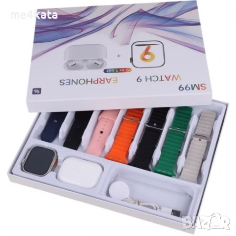 SM99 Ultra – Комплект Smart Часовник + Слушалки, 7 Каишки, Безжично Зареждане, Bluetooth, Сензори за, снимка 2 - Друга електроника - 52732574